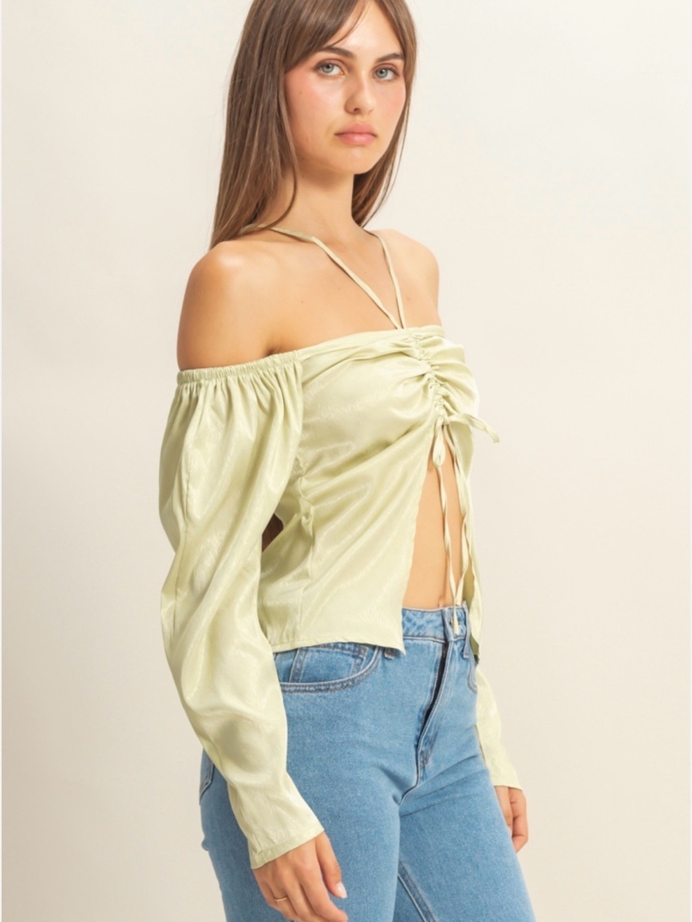 NWT Ruched Sage Green Off-Shoulder Tie-Front Blouse - Small - Picture 4 of 5